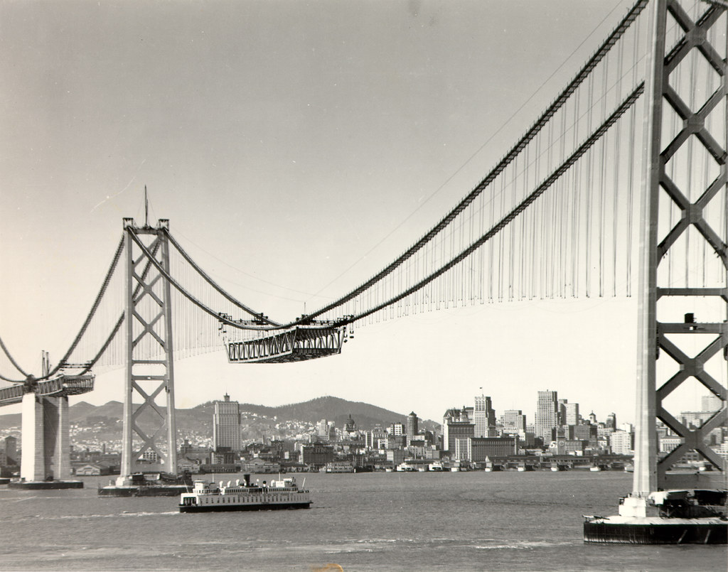 View of the San Francisco-Oakland Bay Bridge while under construction