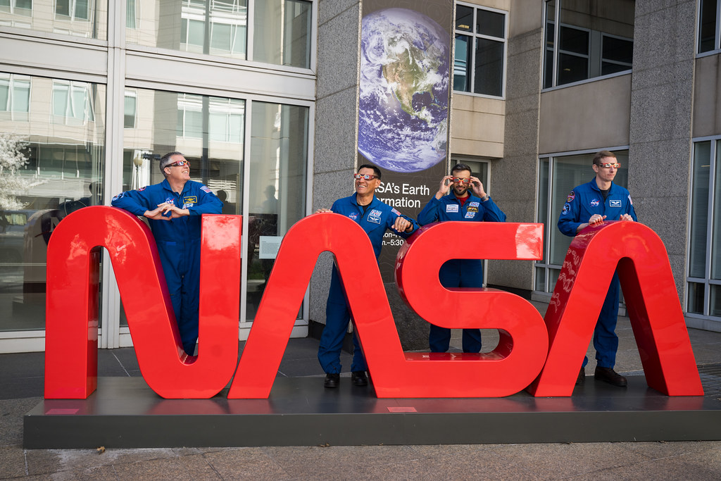 Expedition 69 Crew Wears Solar Eclipse Glasses (NHQ202403190049)