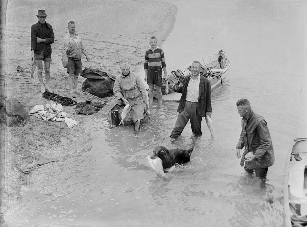 [Five men, a boy and a dog]
