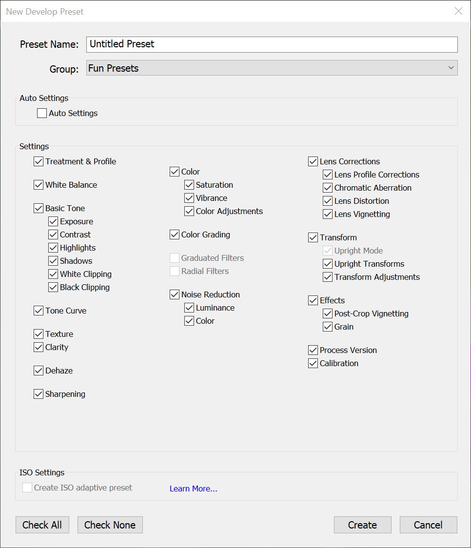 the New Develop Preset window