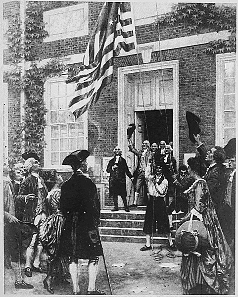 Raising the first flag at Independence Hall, Philadelphia, circa 1776-77. Copy of painting by Clyde O. DeLand., 1942 - 1946.